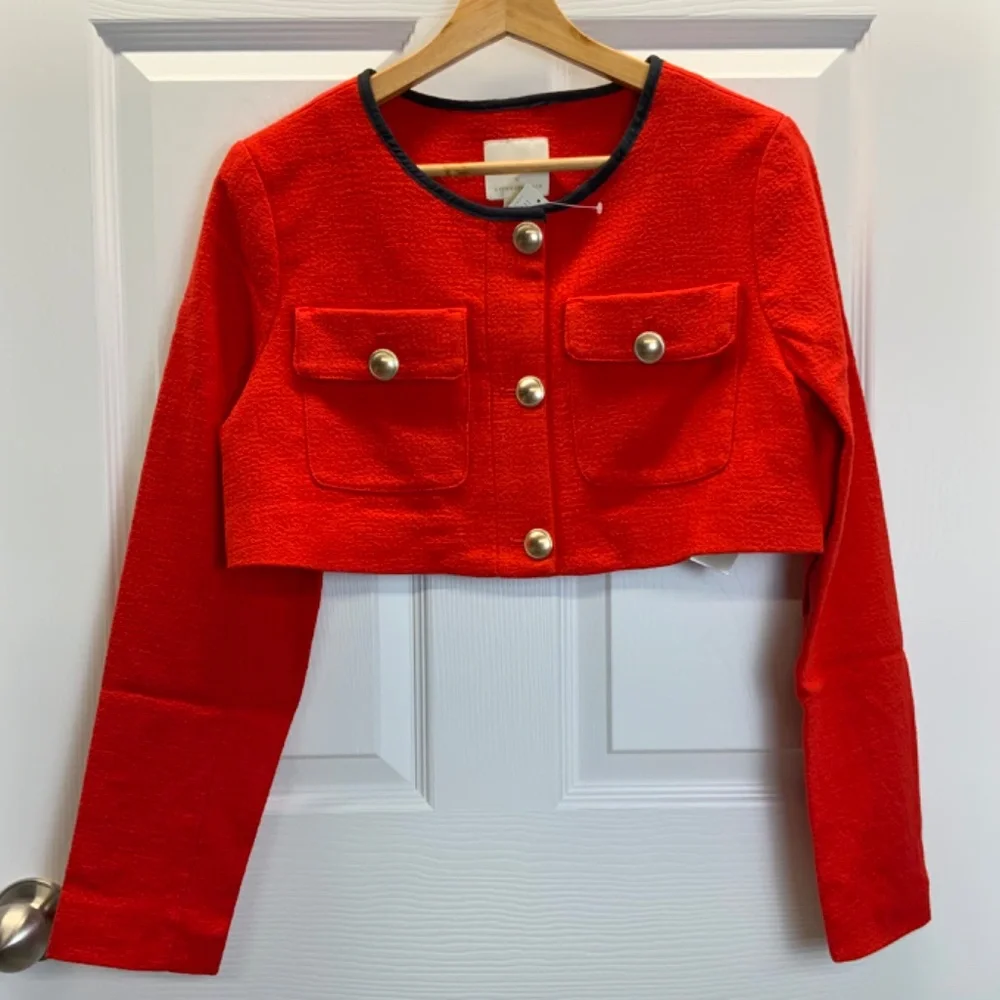 Anthropologie Red Maeve Cropped Shrunken Tweed Jacket Blazer - Picture 10 of 16